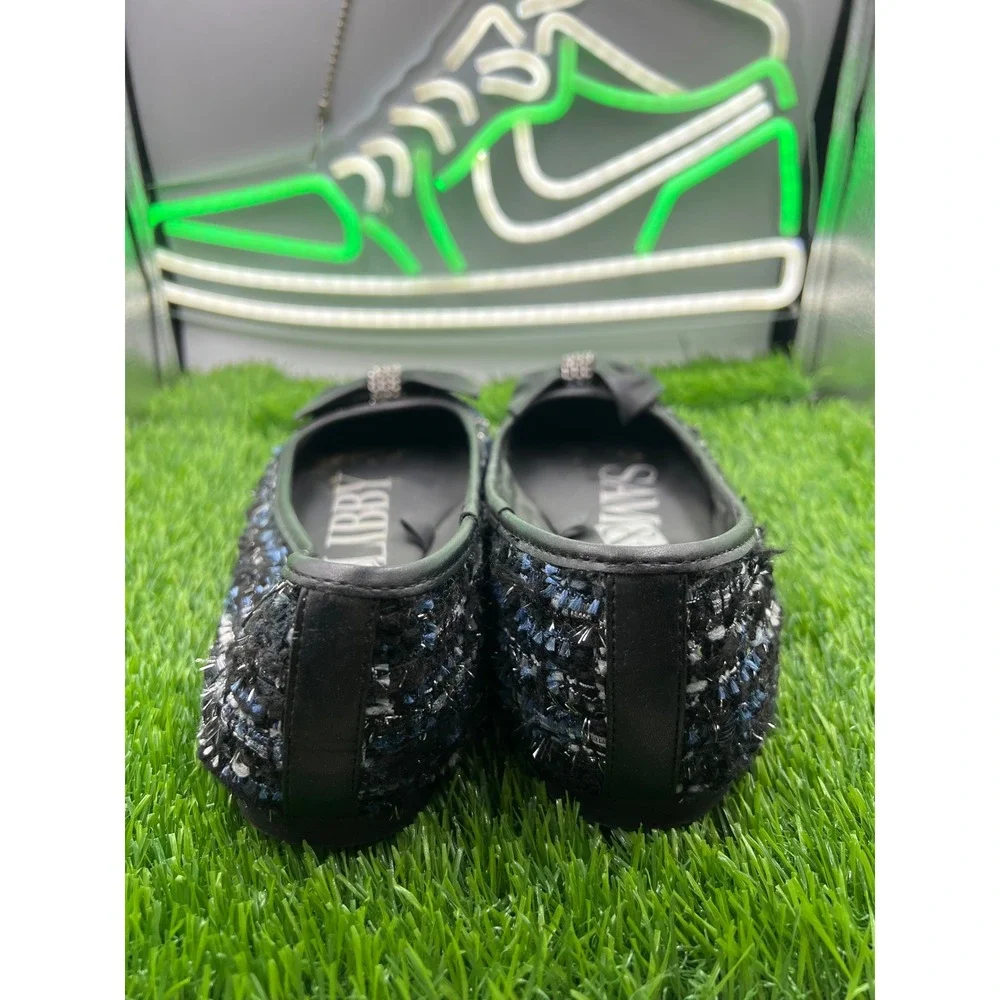 Sam & Libby Womens Black Tweed Ballet Flats Bow Rhinestone Slip On Shoes Size 8